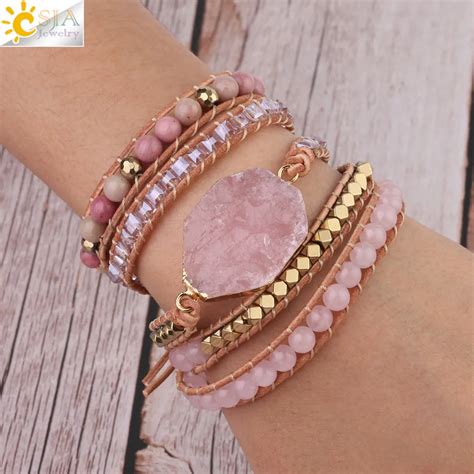 CSJA Natural Gems Stone Bracelet Crystal Beads Pink Quartz Bracelet ...