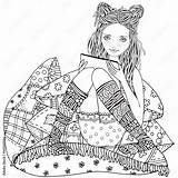 A Girl Is Sitting And reading Using A Tablet Laptop Mobile Phone  sketch template