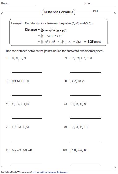 Distance Formula Worksheets