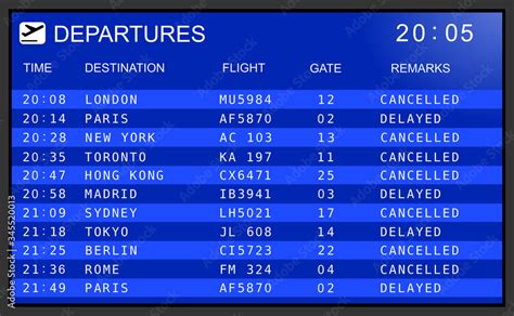 Blue flight information display system in international airport, cancelled and delayed flights ...