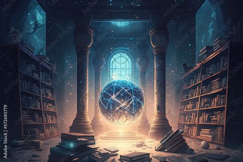 mystical library filled with ancient tomes and magical artifacts, with glowing runes etched into ...