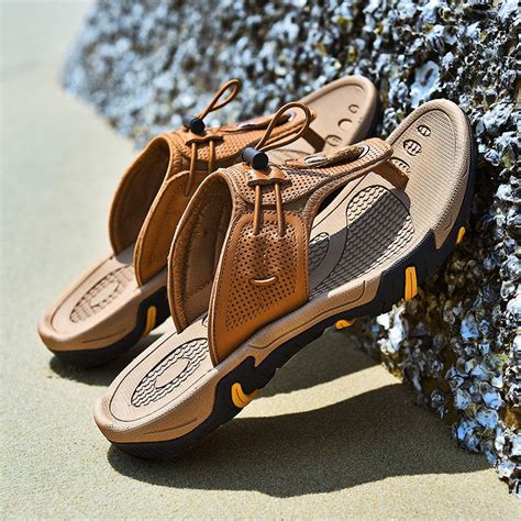 Men Comfy Arch Support Outdoor Slip Resiatnt Water Beach Leather Flip ...