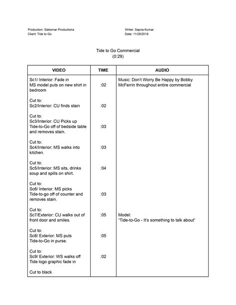Tide-To-Go Commercial Script Sample - 2019 — Sapna's Portfolio