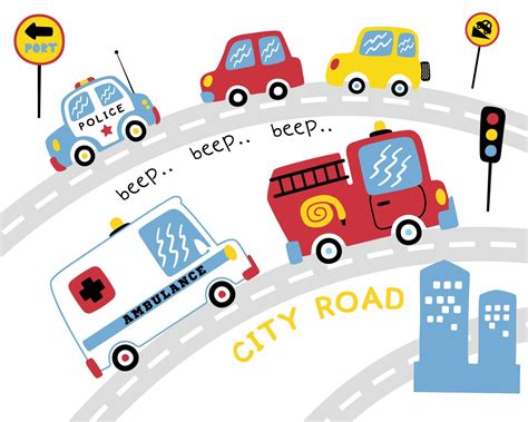 Vector set of various vehicles cartoon on the road, traffic elements ...