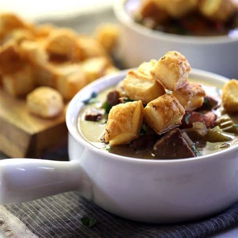 Slow Cooker Beef and Guinness Pot Pie Soup with Thyme Puff Pastry Croutons - Melanie Makes