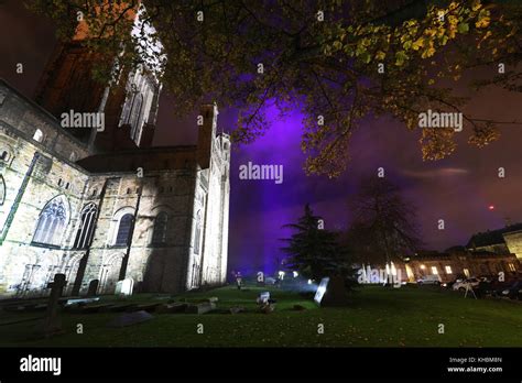 A rehearsal of the Lumiere Durham light festival at Durham Cathedral ...