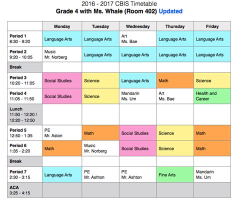 Grade 4 - Timetable