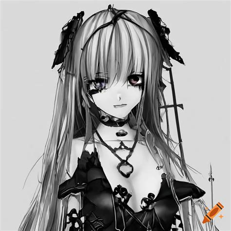 Gothic anime girl with crosses full body black metal gore cross b&w white background on Craiyon