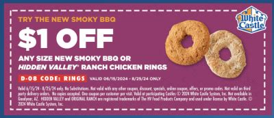 White Castle Coupon - $1 OFF Smoky BBQ or Hidden Valley Ranch Chicken ...