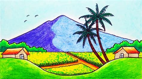 How to Draw Easy Village Scenery and Beautiful Rice Field Drawing with Oil Pastels - YouTube