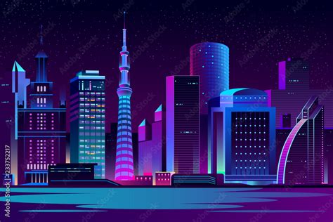 Modern city cartoon vector night landscape. Urban cityscape background with skyscrapers ...