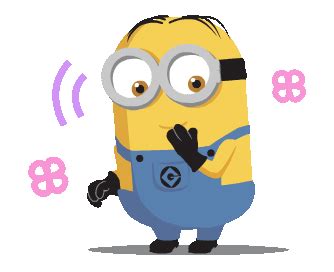 a cartoon minion wearing glasses and holding his hand up to the side with eyes wide open