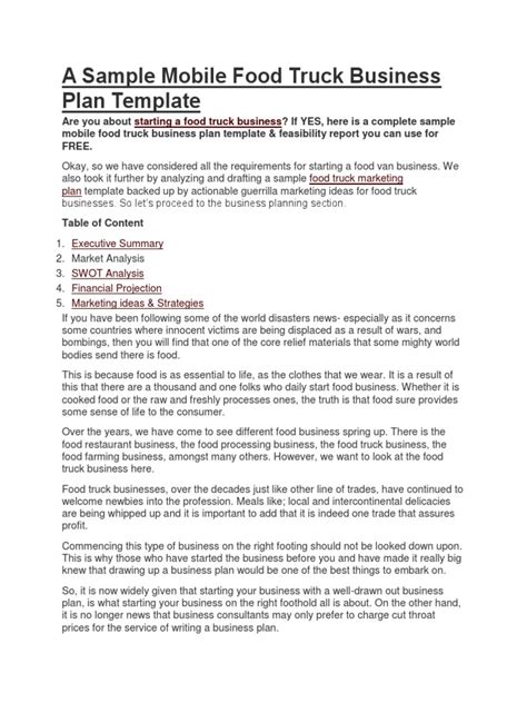 A Sample Mobile Food Truck Business Plan Template