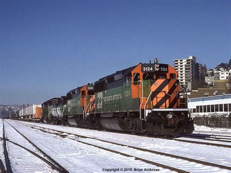 BN #3124 (EMD GP50 with Tiger Scheme) Westbound coming into Seattle, WA on 23 November 1985. Ph ...