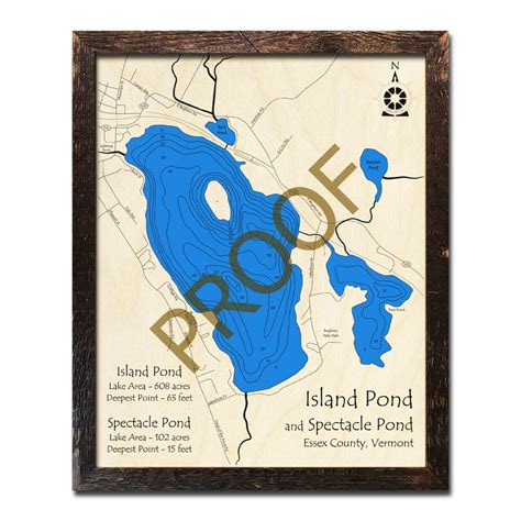 Island Pond and Spectacle Pond, VT 3D Wood Topo Map