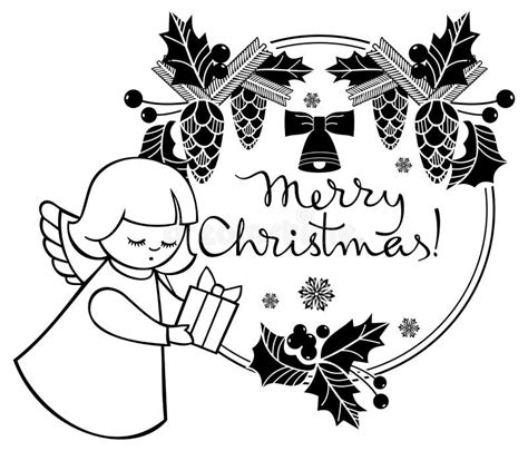 Black and White Christmas Frame with Cute Angel. Stock Illustration - Illustration of clipart ...