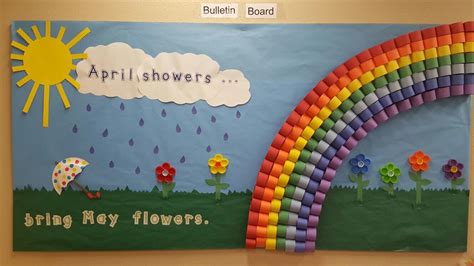 "April showers bring May flowers "bulletin board. The rainbow is made ...