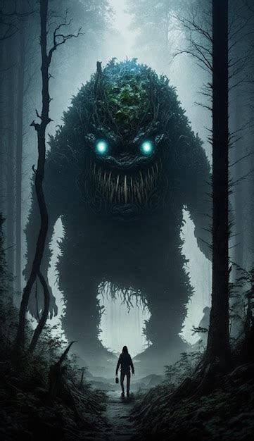 Premium Photo | A monster is in the woods with a man standing in front ...