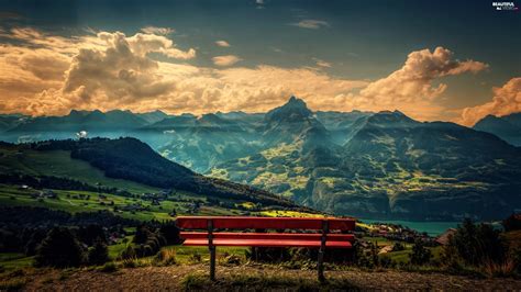 Bench, clouds, landscape, Bench, Mountains - Beautiful views wallpapers: 2560x1440