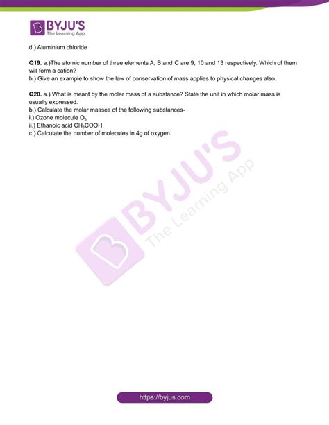 Class 9 Chemistry Worksheet on Chapter 3 Atoms and Molecules Set- 1