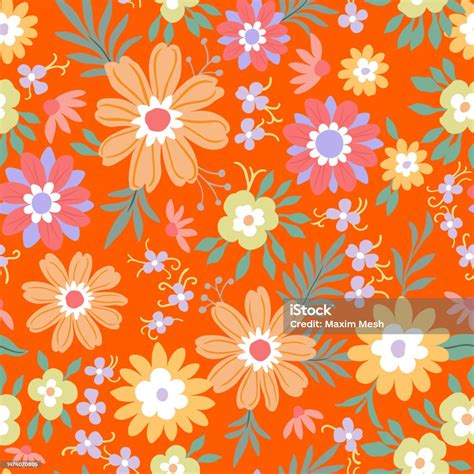 A Pattern Of Orange Red Green And Purple Flowers With Green Leaves On A Red Background Cute ...