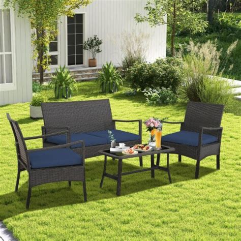 8 Pieces Outdoor Patio PE Wicker Sofa w/ Tempered Glass Coffee Table ...
