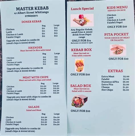 Menu at Master Kebab restaurant, Whitianga