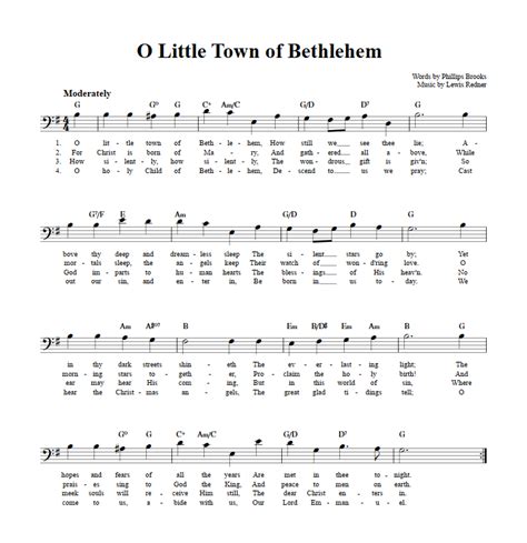 O Little Town of Bethlehem Bass Clef Instrument Sheet Music (Lead Sheet ...