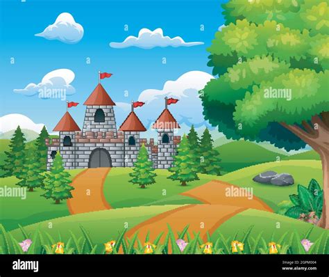 Cartoon Illustration of Castle on hill Landscape Stock Vector Image ...