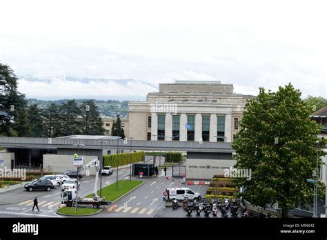 Entrance to the United Nations Headquarters, Geneva, Switzerland. This ...