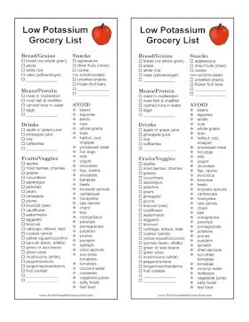 Printable Low Potassium Grocery List