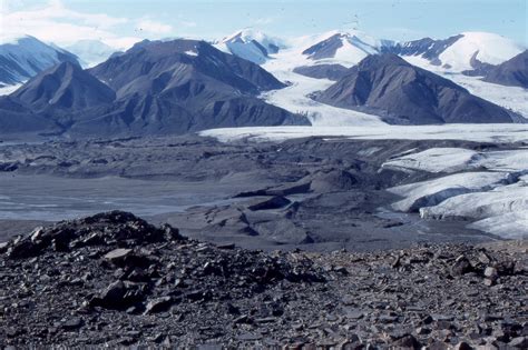 Terminal moraines and outwash plain at the snout of Strand Glacier ...