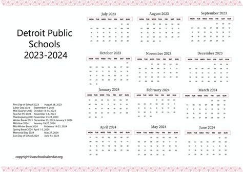 Detroit Public Schools Calendar with Holidays 2023-2024