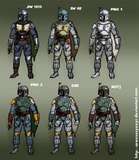 All Boba Fett color schemes by AraxussYexyr on DeviantArt