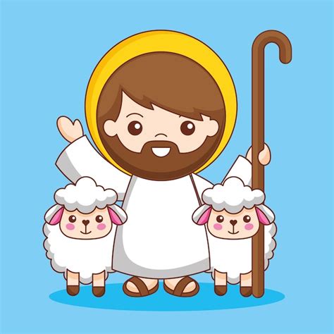 Jesús con bastón y ovejas, ilustración de dibujos animados | Vector Premium