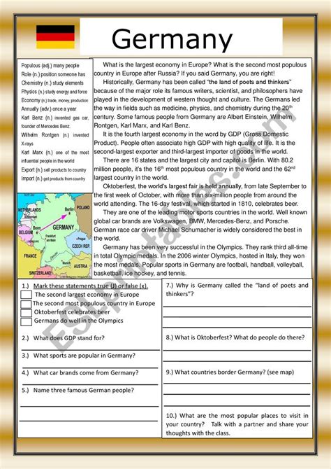 Germany Reading Comprehension Practice Exercises with Definitions - ESL ...