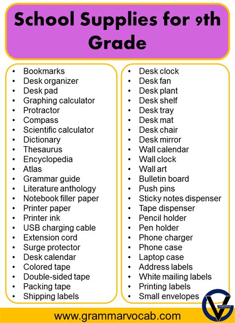 List of School Supplies for 9th Grade - GrammarVocab