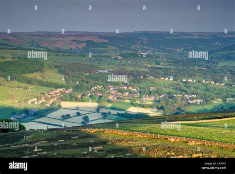 Derbyshire views over the Village of Bamford at sunset from the peak of ...