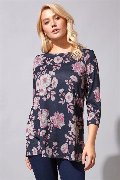 Square Neck Floral Print Tunic Top in Navy - Roman Originals UK