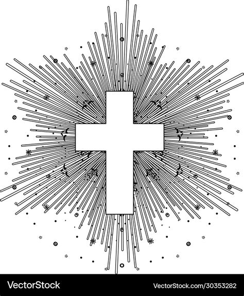 Outline drawing catholic cross with rays Vector Image