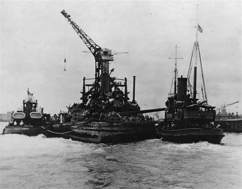 Battleship USS California BB-44 Towed to Dock at Pearl Harbor 1942 | World War Photos