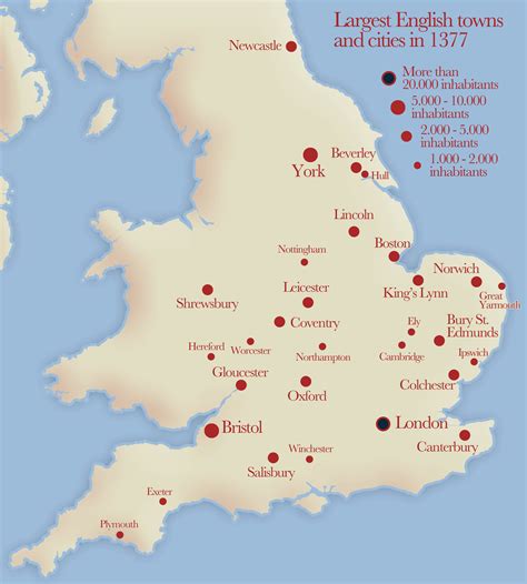 Największe miasta w Anglii w 1377 roku - worldmap.pl