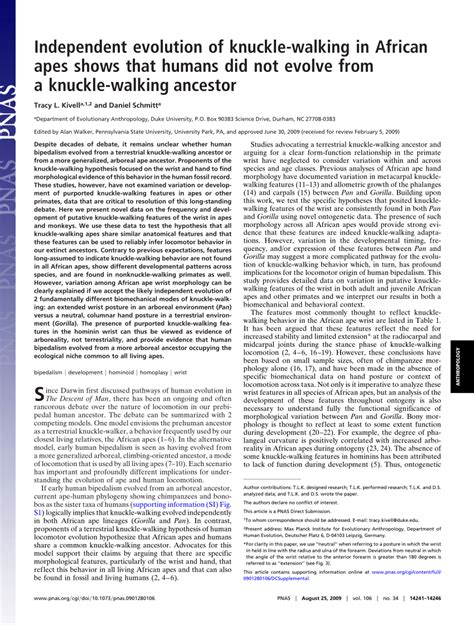 (PDF) Independent Evolution of Knuckle-Walking in African Apes Shows That Humans Did Not Evolve ...