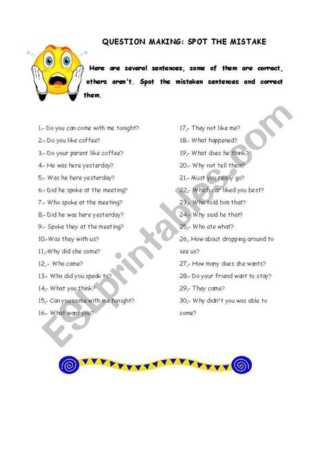 Question making: Spot the mistake - ESL worksheet by Sevignee