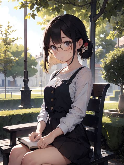 Anime girl sitting on a bench with a book in her hand - SeaArt AI