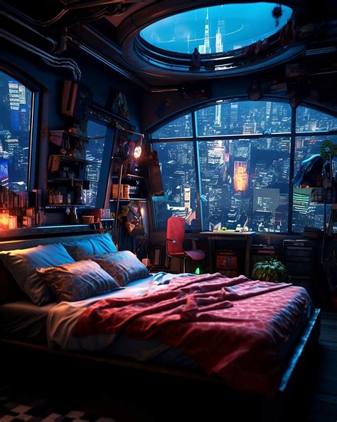 Cyberpunk Bedroom With A Circular Skylight and Cityscape View | Cyberpunk bedroom, Cyberpunk ...