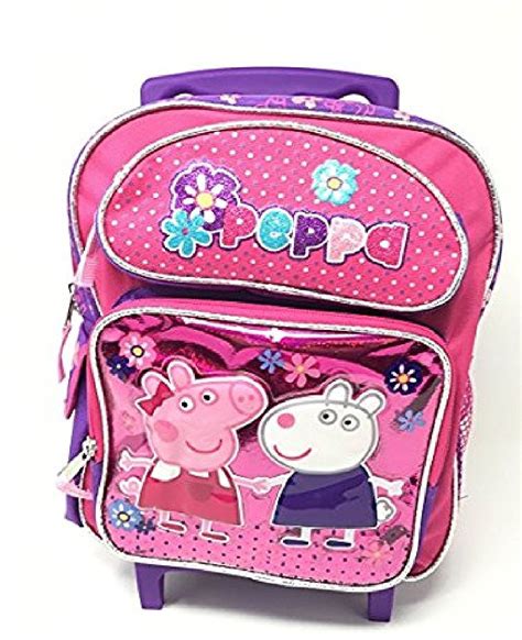 Peppa Pig - With Friends 12" Canvas Pink School Rolling Backpack, 1 main zippered compartment By ...