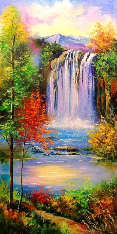 Sunset Oil Pastel Waterfall Moonlight Waterfall Scenery Drawing - Just ...