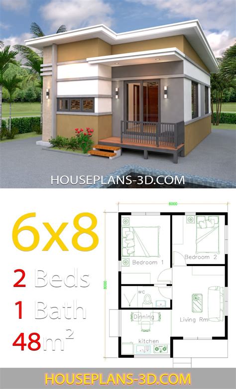 House Design 6x8 with 2 Bedrooms Dengan gambar in 2020 | 2 bedroom house design, Small house ...