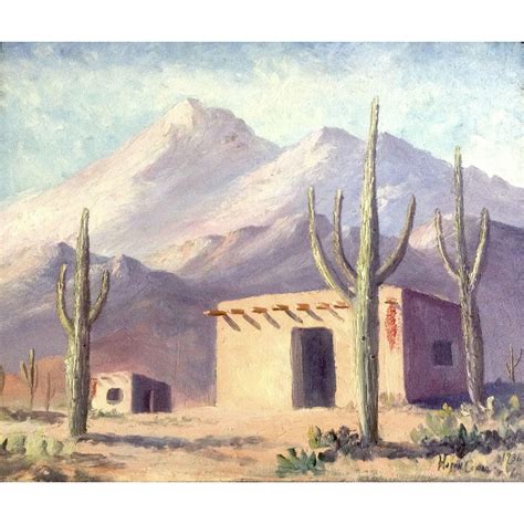 Haroh Cowan, Pueblo Homes by Saguaro Cactus Landscape Oil Painting 1936 Signed By Artist | Oil ...